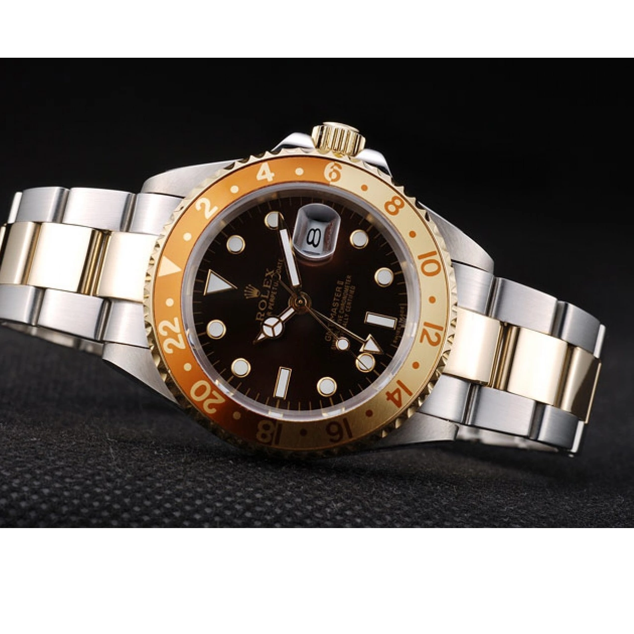 Aaa replica watch Bezel Ceramic Gold Colored Master II Watch Dial Rolex GMT Brown 0712